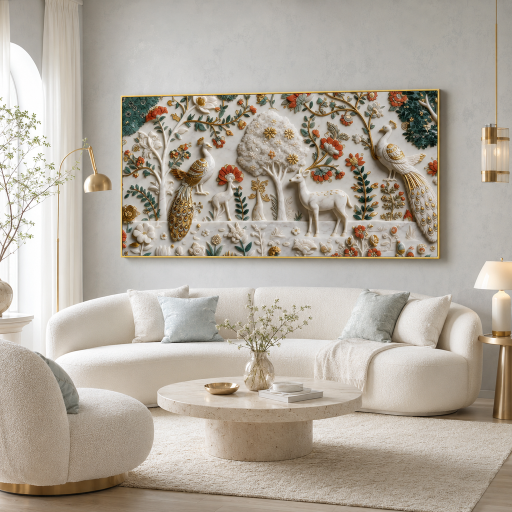 Premium Peacock and Deer 3D Canvas Wall Art for Modern Living Room Decor
