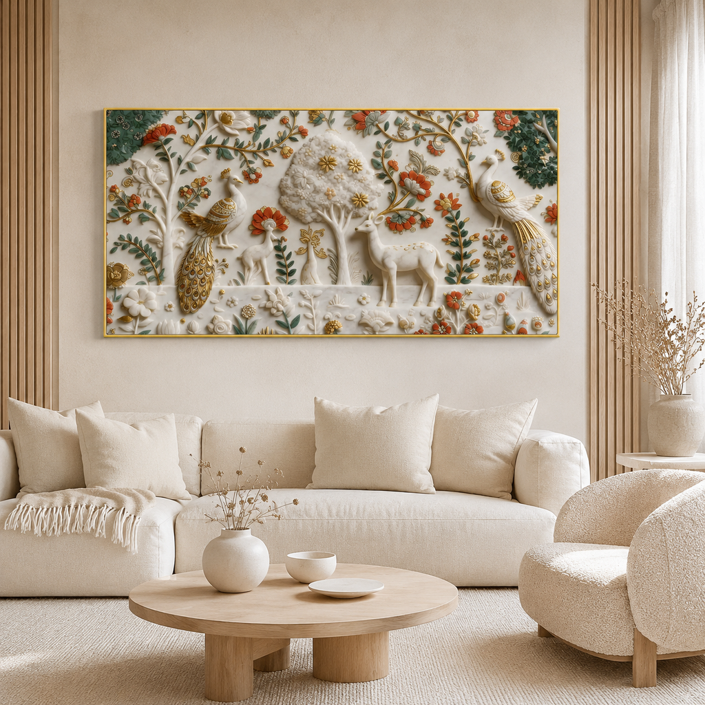 Premium Peacock and Deer 3D Canvas Wall Art for Modern Living Room Decor