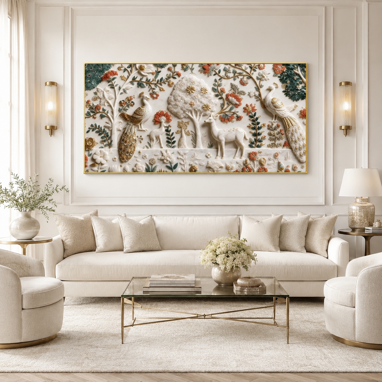 Premium Peacock and Deer 3D Canvas Wall Art for Modern Living Room Decor