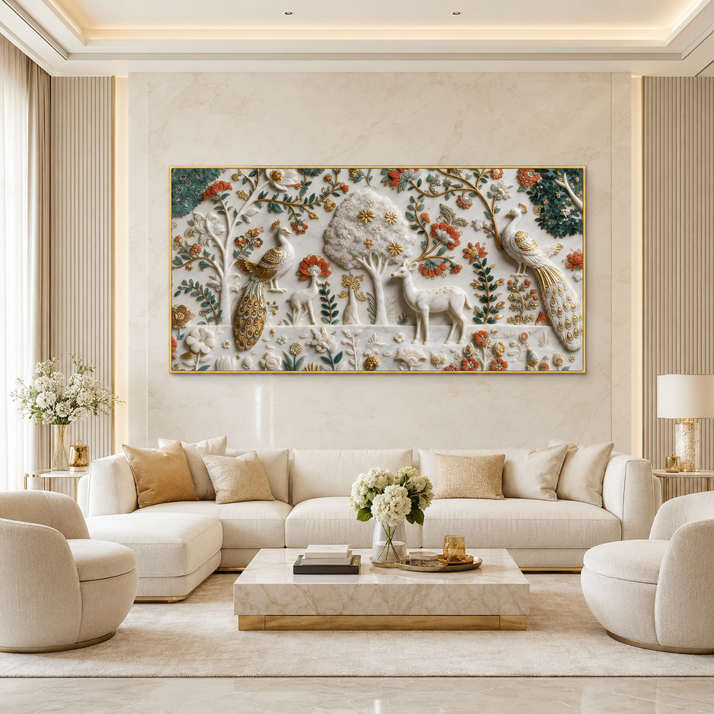 Premium Peacock and Deer 3D Canvas Wall Art for Modern Living Room Decor
