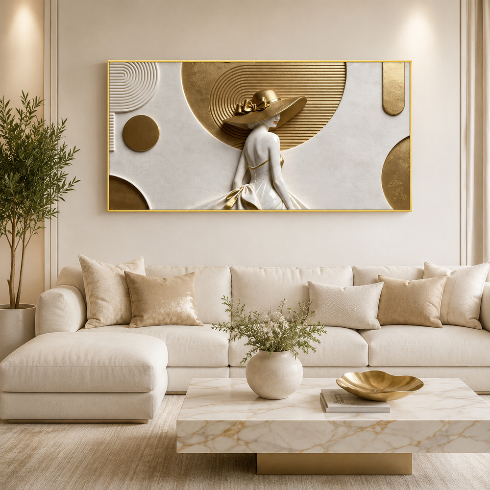 Sophisticated 3D Woman Painting with White Gown and Gold Hat for Modern Living Room Decor