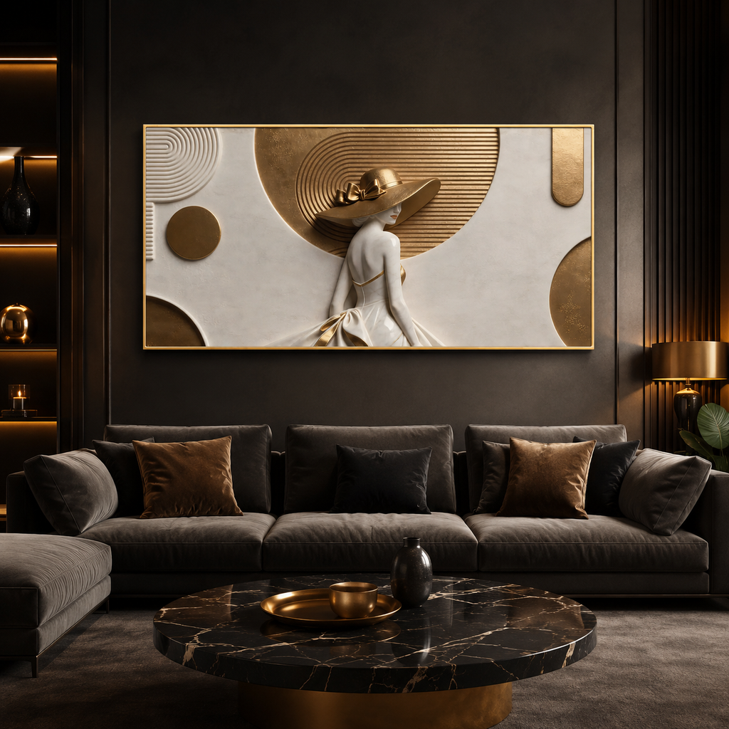 Sophisticated 3D Woman Painting with White Gown and Gold Hat for Modern Living Room Decor