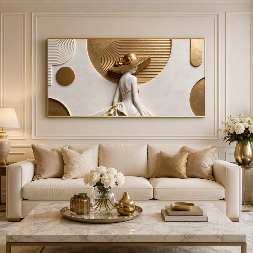 Sophisticated 3D Woman Painting with White Gown and Gold Hat for Modern Living Room Decor