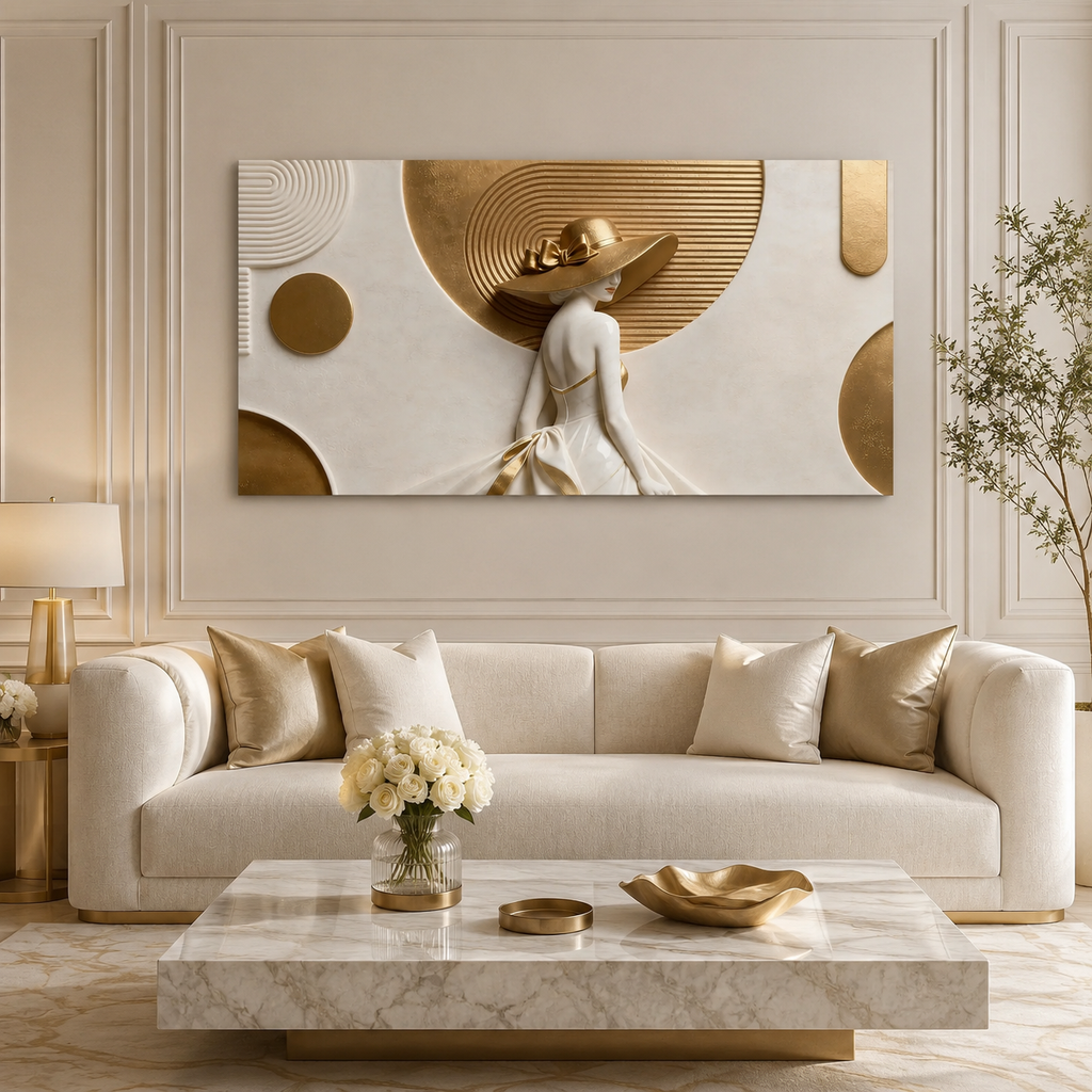 Sophisticated 3D Woman Painting with White Gown and Gold Hat for Modern Living Room Decor