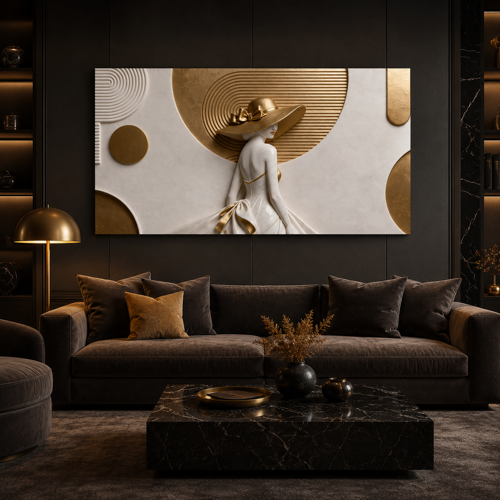 Sophisticated 3D Woman Painting with White Gown and Gold Hat for Modern Living Room Decor