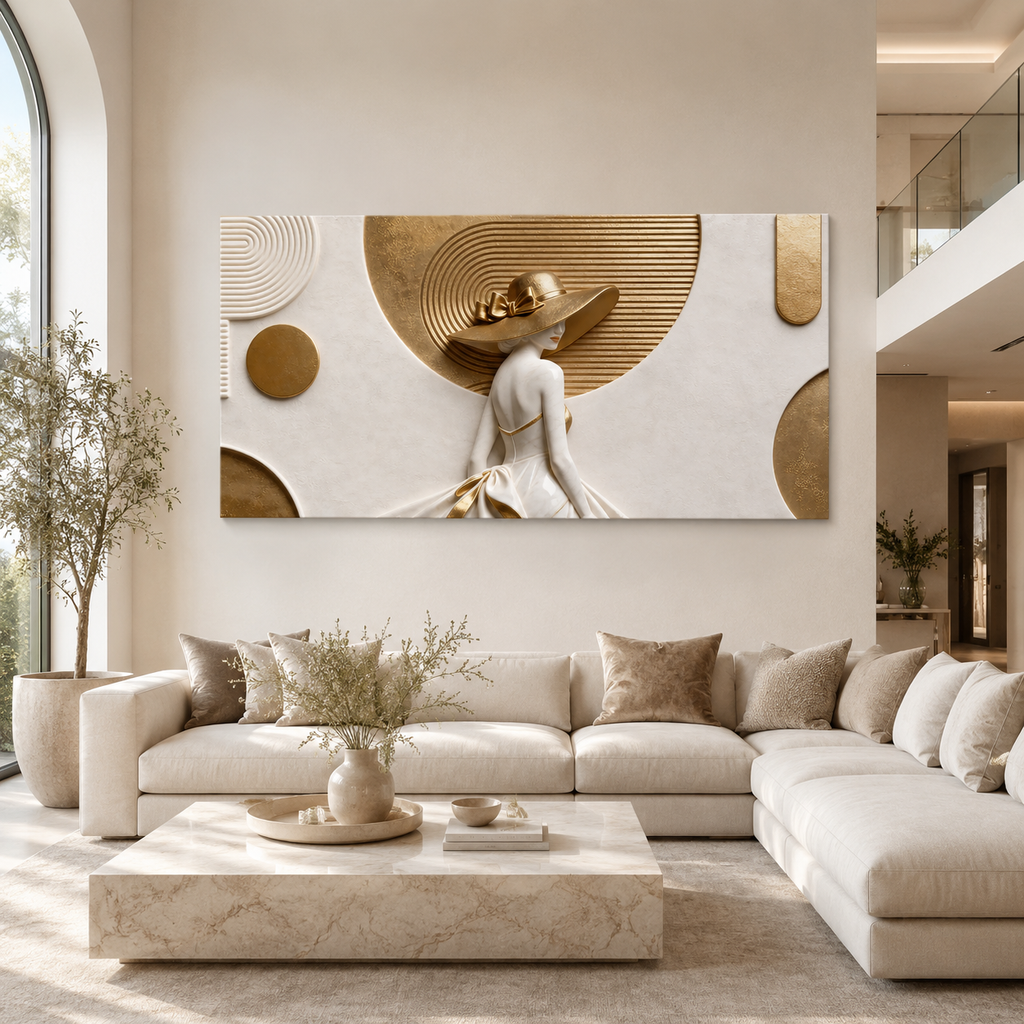 Sophisticated 3D Woman Painting with White Gown and Gold Hat for Modern Living Room Decor