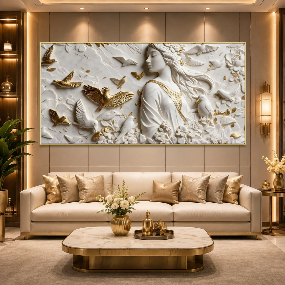 White & Gold 3D Woman Wall Painting – Artistic Bird and Floral Wall Decor for Home