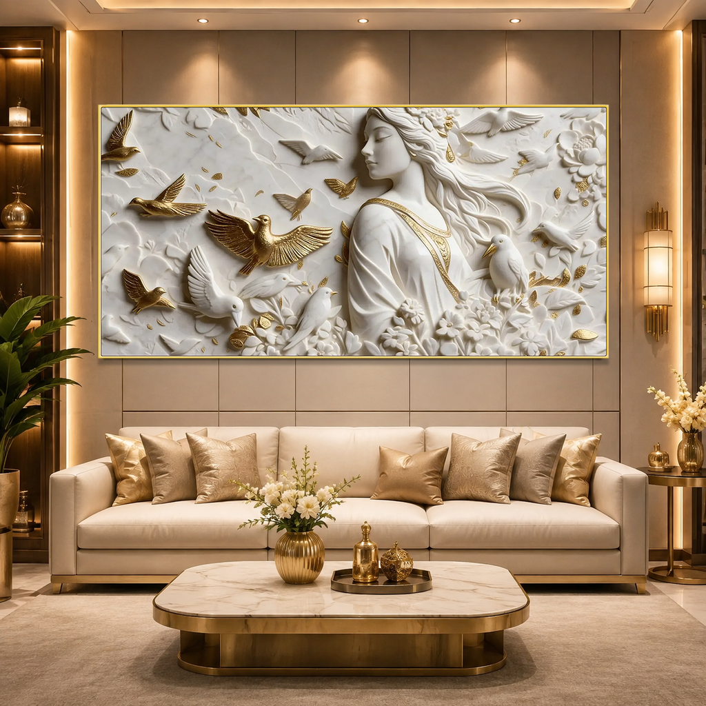 White & Gold 3D Woman Wall Painting – Artistic Bird and Floral Wall Decor for Home