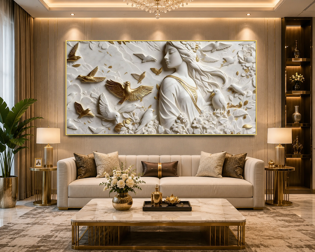 White & Gold 3D Woman Wall Painting – Artistic Bird and Floral Wall Decor for Home