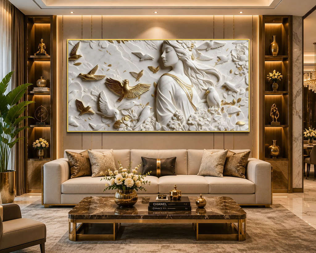 White & Gold 3D Woman Wall Painting – Artistic Bird and Floral Wall Decor for Home