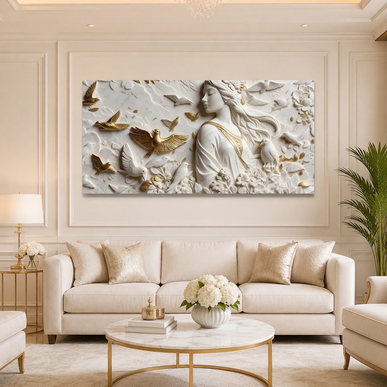 White & Gold 3D Woman Wall Painting – Artistic Bird and Floral Wall Decor for Home