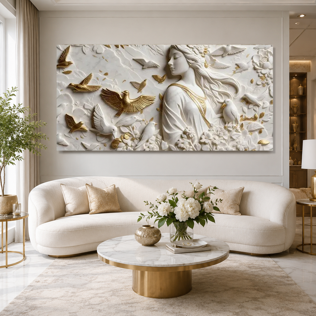 White & Gold 3D Woman Wall Painting – Artistic Bird and Floral Wall Decor for Home