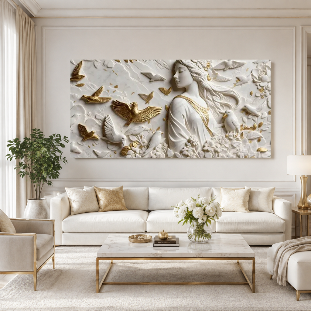 White & Gold 3D Woman Wall Painting – Artistic Bird and Floral Wall Decor for Home