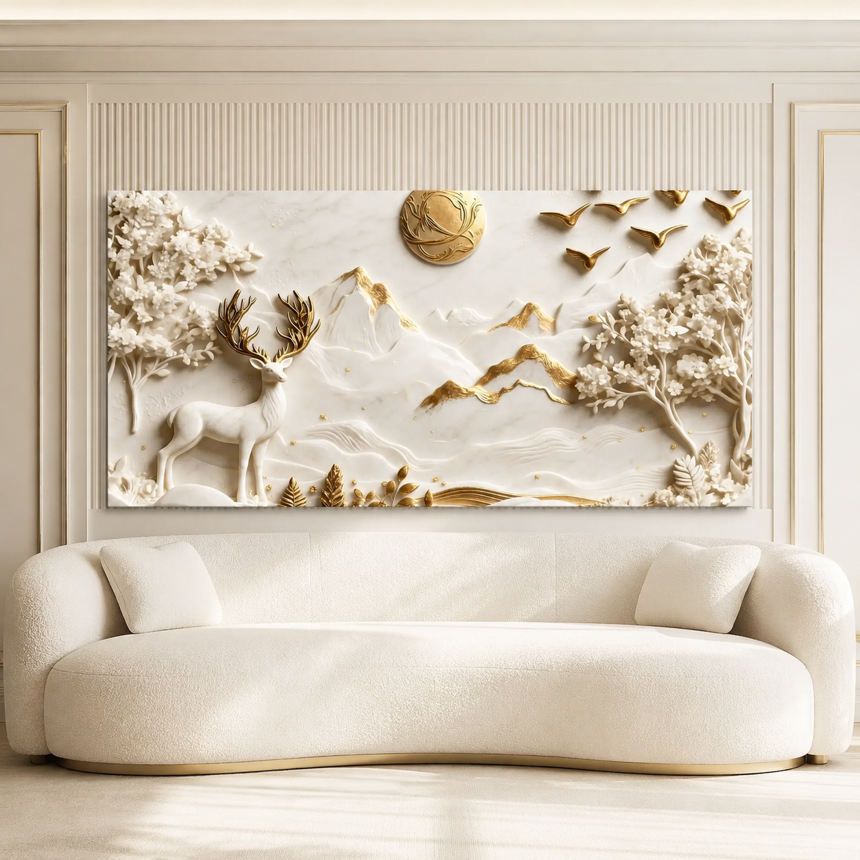 Premium Deer 3D Wall Art with White Mountains, Golden Accents and Floral Trees