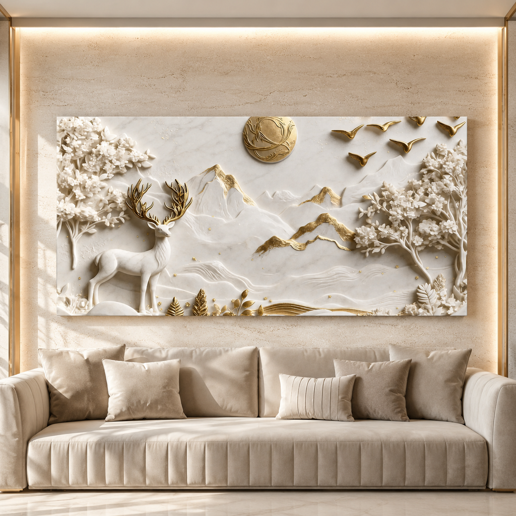 Premium Deer 3D Wall Art with White Mountains, Golden Accents and Floral Trees