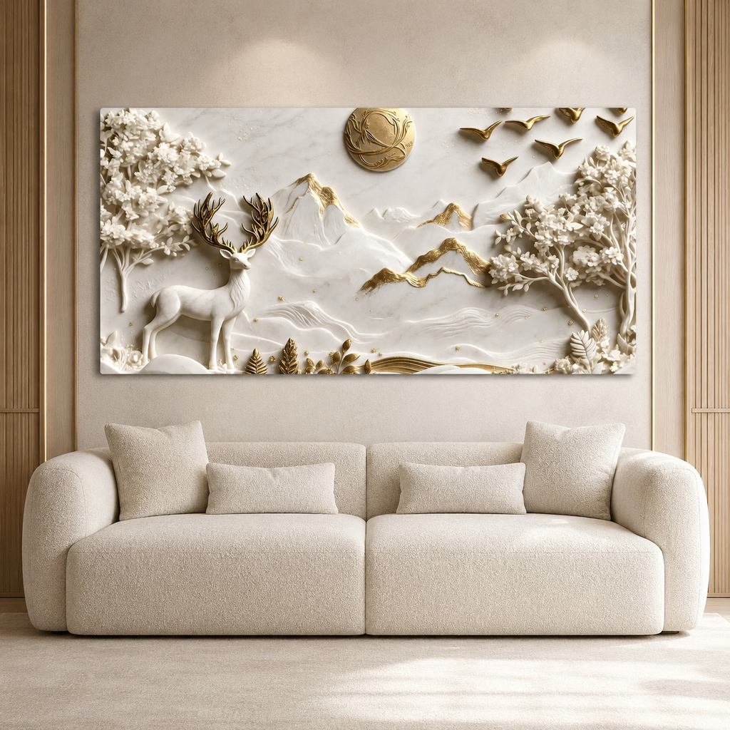 Premium Deer 3D Wall Art with White Mountains, Golden Accents and Floral Trees