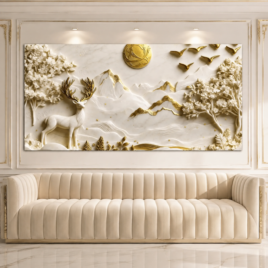 Premium Deer 3D Wall Art with White Mountains, Golden Accents and Floral Trees