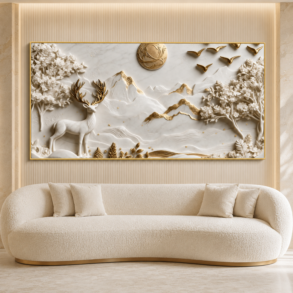 Premium Deer 3D Wall Art with White Mountains, Golden Accents and Floral Trees