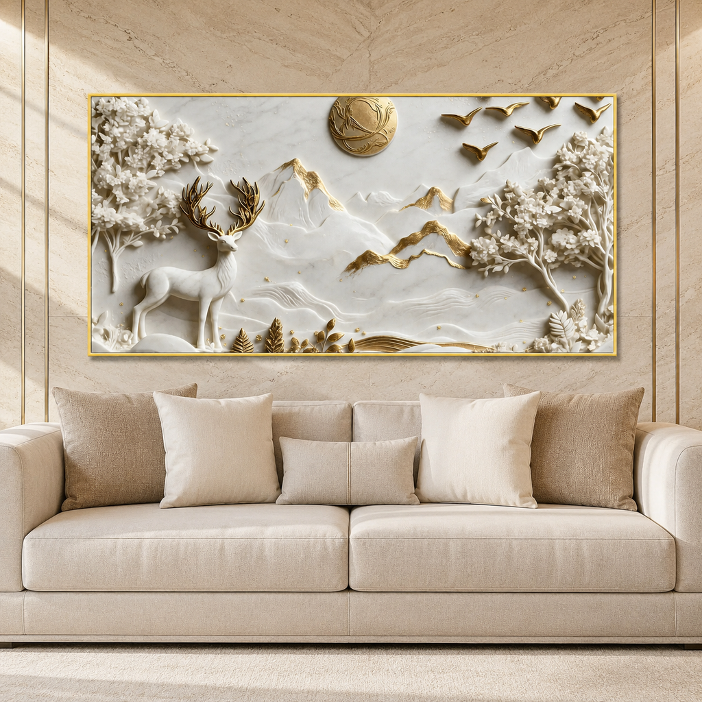Premium Deer 3D Wall Art with White Mountains, Golden Accents and Floral Trees