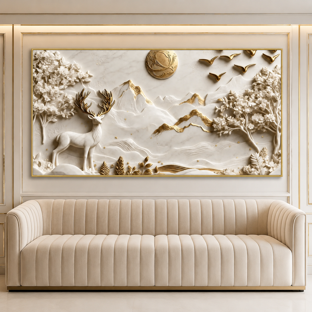 Premium Deer 3D Wall Art with White Mountains, Golden Accents and Floral Trees