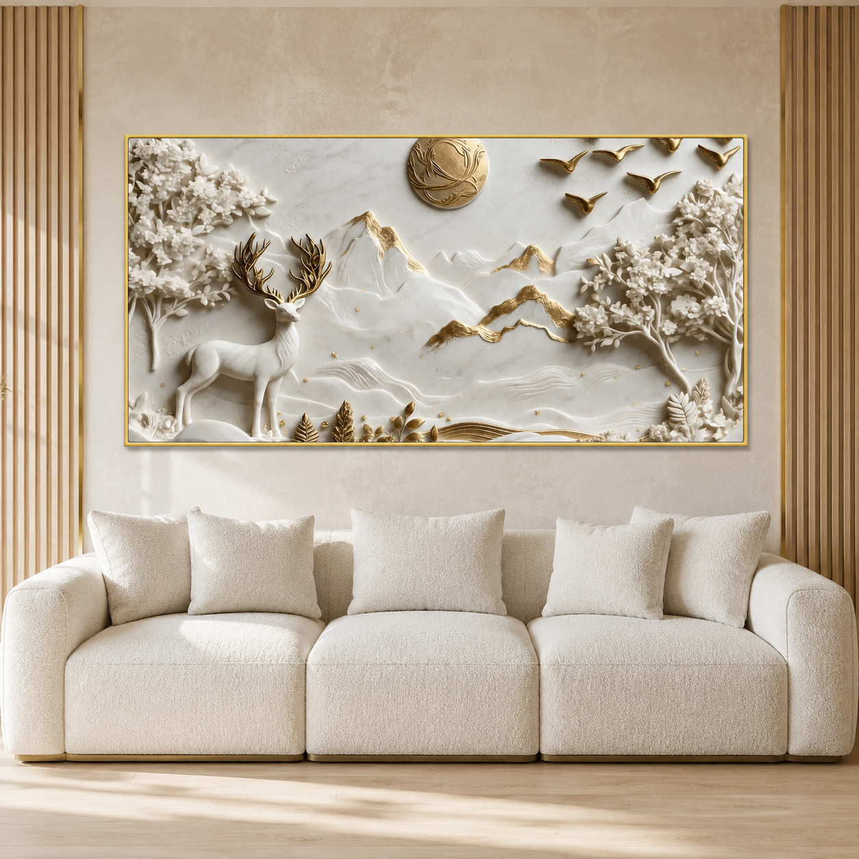 Premium Deer 3D Wall Art with White Mountains, Golden Accents and Floral Trees