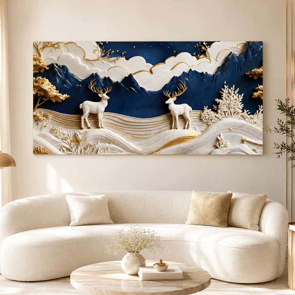 Premium 3D Deer Painting for Living Room Featuring Royal Blue Mountains