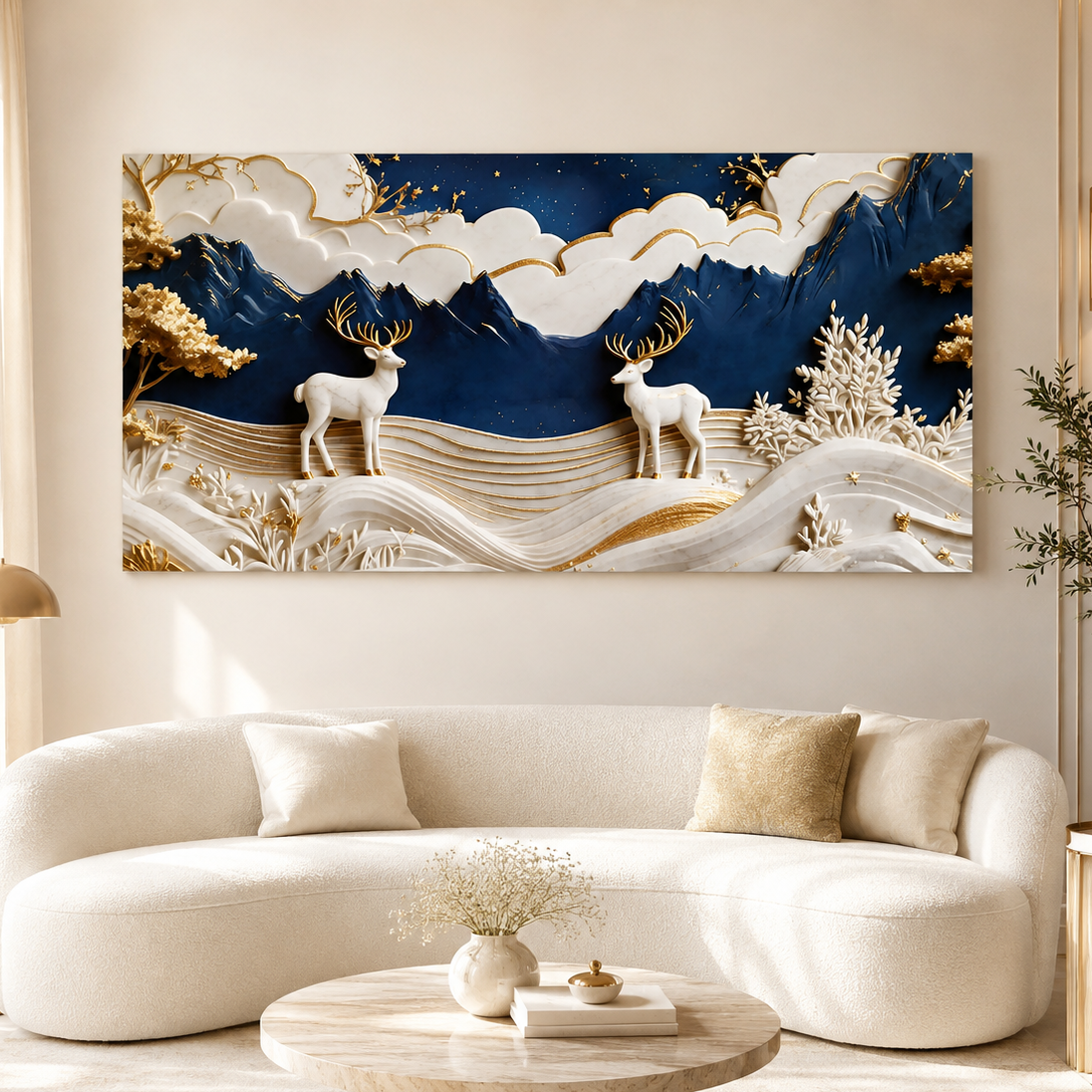 Premium 3D Deer Painting for Living Room Featuring Royal Blue Mountains