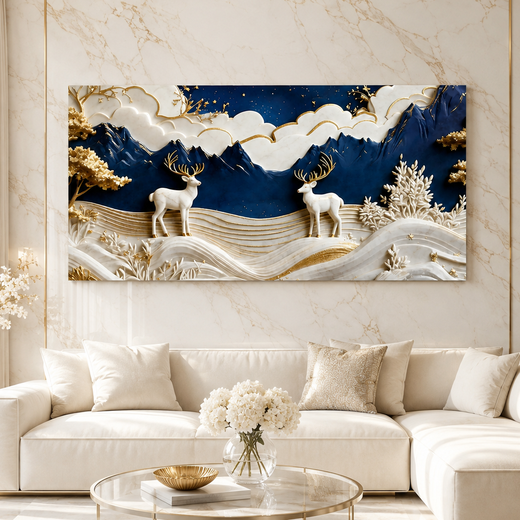 Premium 3D Deer Painting for Living Room Featuring Royal Blue Mountains