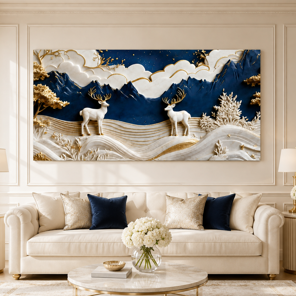 Premium 3D Deer Painting for Living Room Featuring Royal Blue Mountains