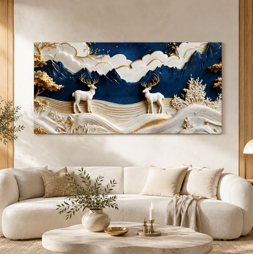 Premium 3D Deer Painting for Living Room Featuring Royal Blue Mountains