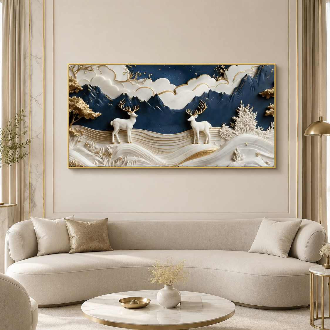 Premium 3D Deer Painting for Living Room Featuring Royal Blue Mountains