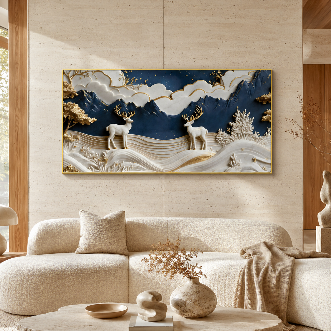 Premium 3D Deer Painting for Living Room Featuring Royal Blue Mountains