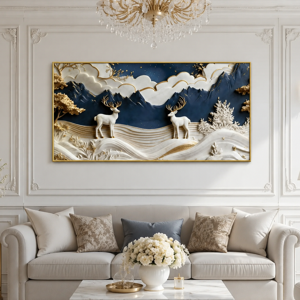 Premium 3D Deer Painting for Living Room Featuring Royal Blue Mountains