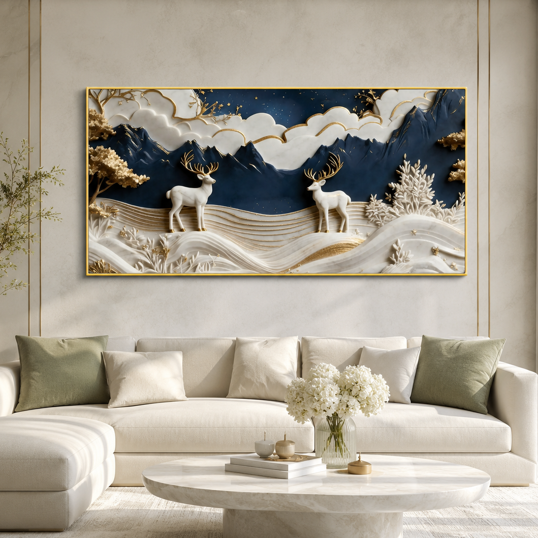 Premium 3D Deer Painting for Living Room Featuring Royal Blue Mountains
