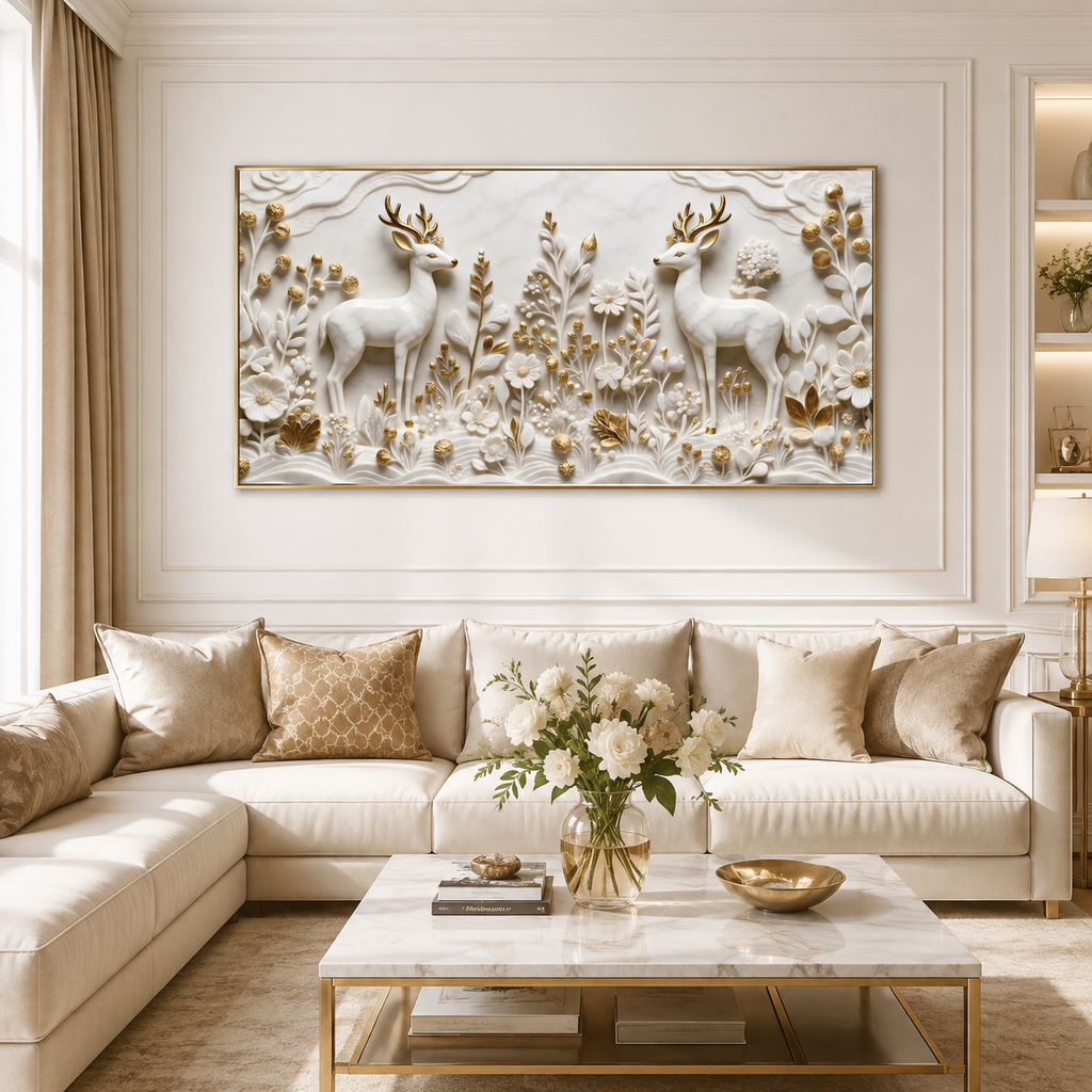 Auspicious Golden Horn Deer Pair Wall Art - 3D Textured Relief Art for Bedroom & Living Room
