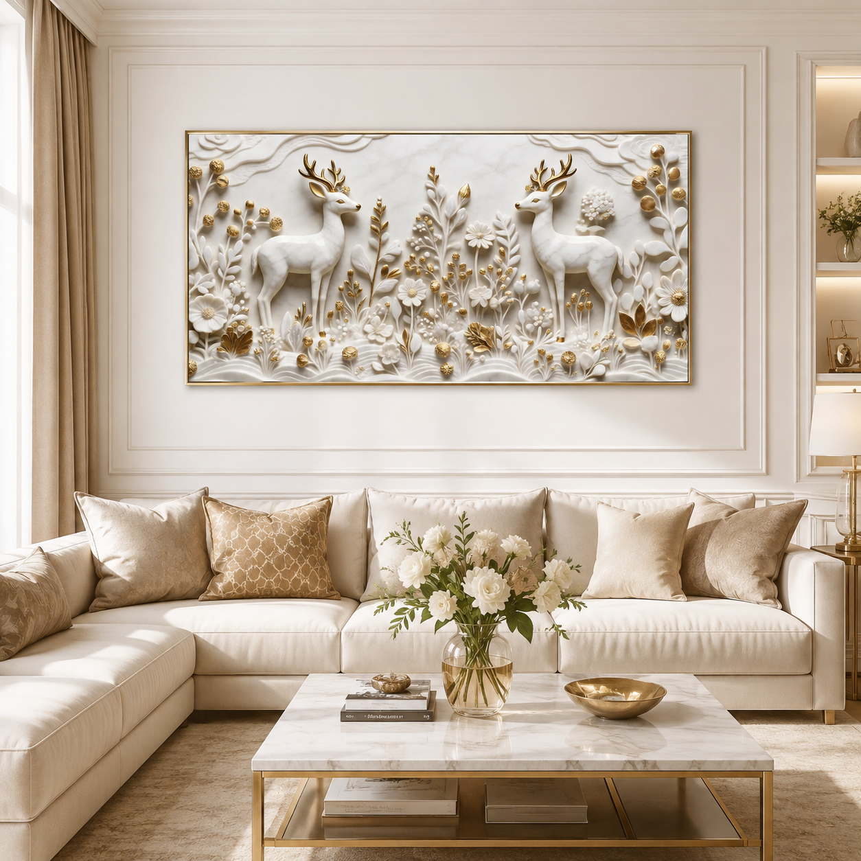 Auspicious Golden Horn Deer Pair Wall Art - 3D Textured Relief Art for Bedroom & Living Room