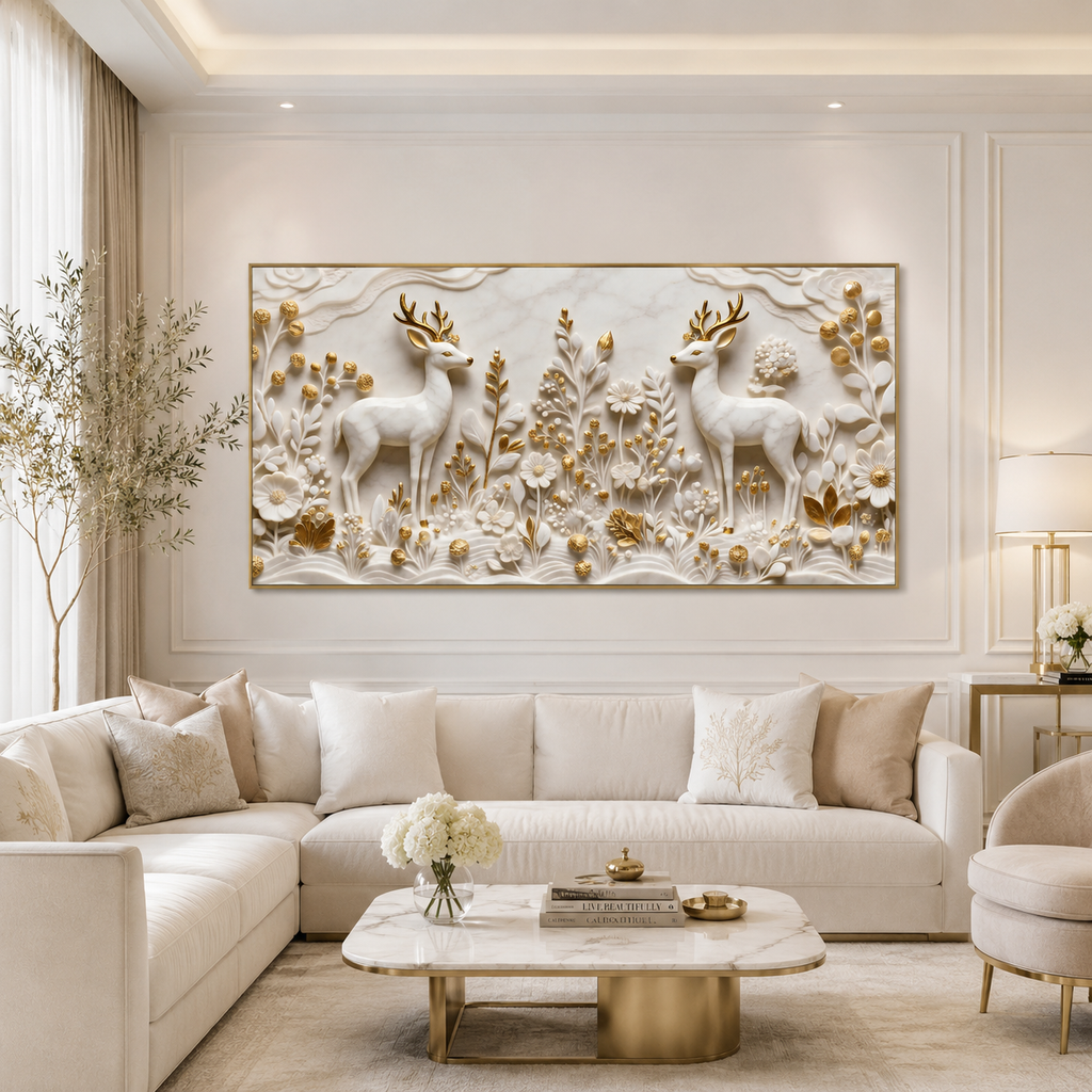 Auspicious Golden Horn Deer Pair Wall Art - 3D Textured Relief Art for Bedroom & Living Room