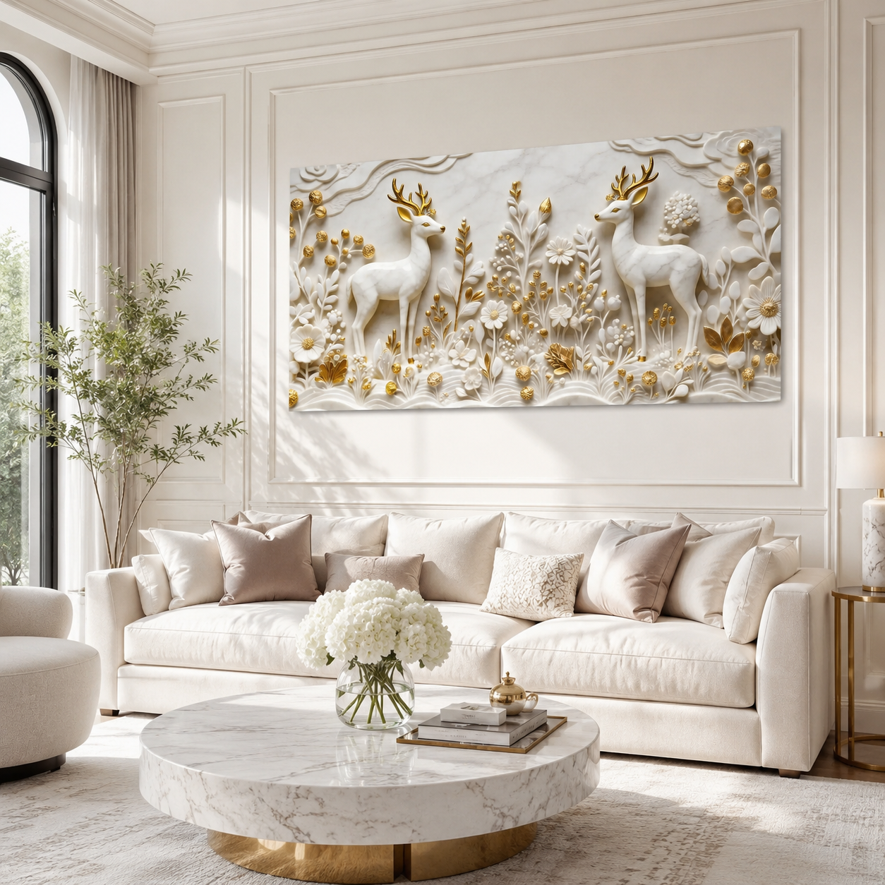 Auspicious Golden Horn Deer Pair Wall Art - 3D Textured Relief Art for Bedroom & Living Room