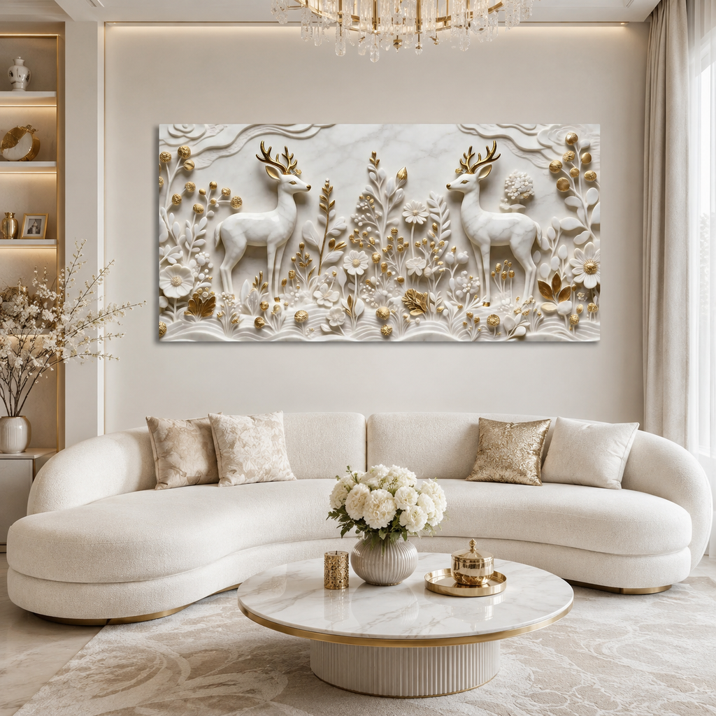 Auspicious Golden Horn Deer Pair Wall Art - 3D Textured Relief Art for Bedroom & Living Room