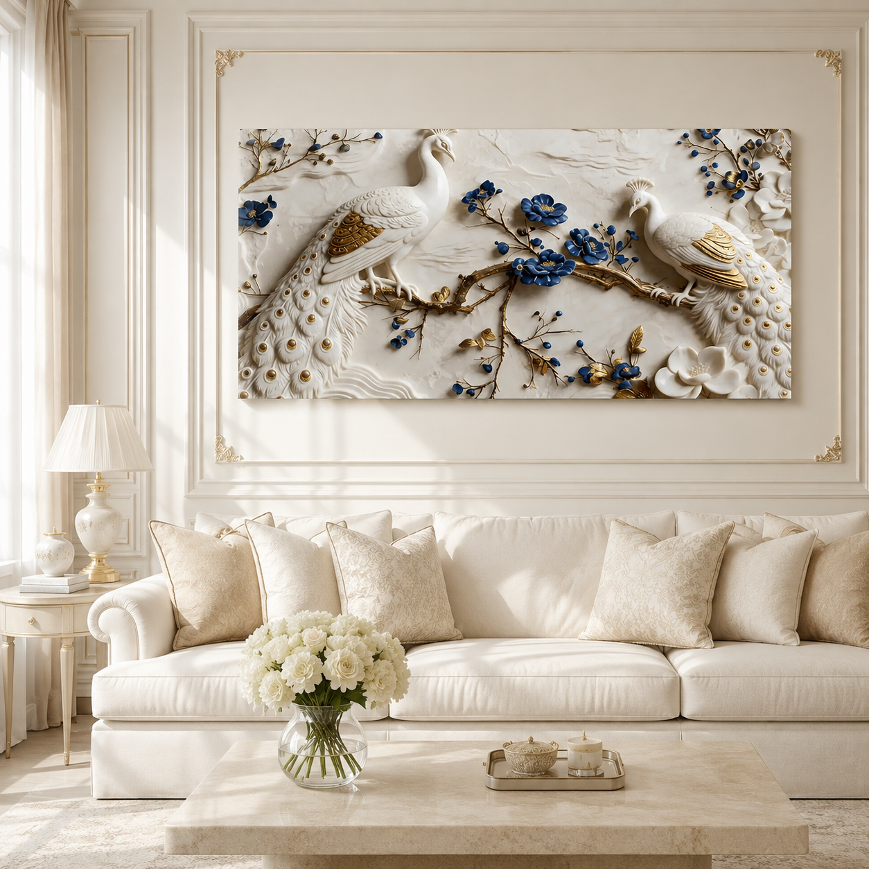 Beautiful White Peacock 3D Wall Art with Floral Design for Elegant Home Decor