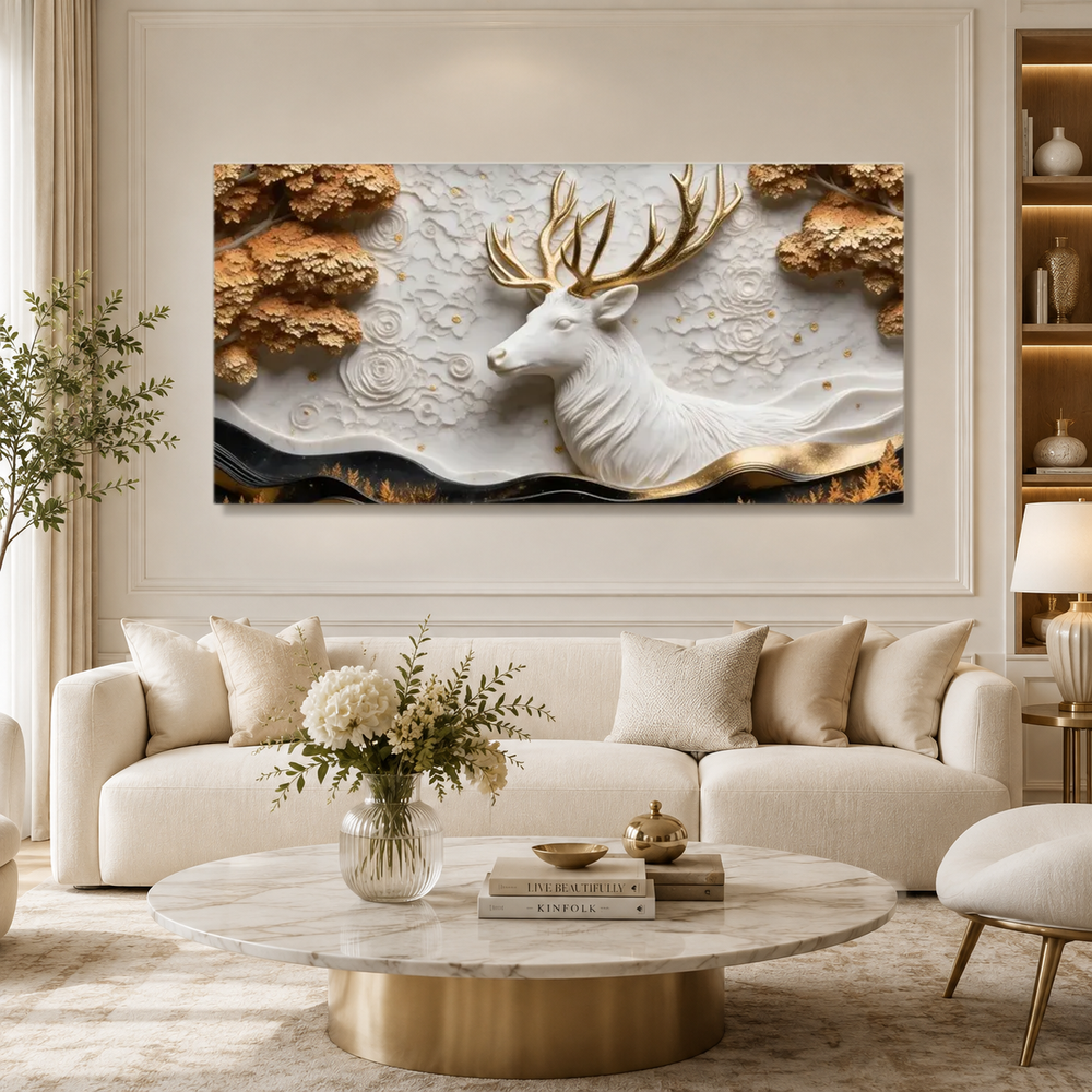 Luxury 3D Deer Wall Decor – Majestic White Deer & Golden Antlers Artwork for Home
