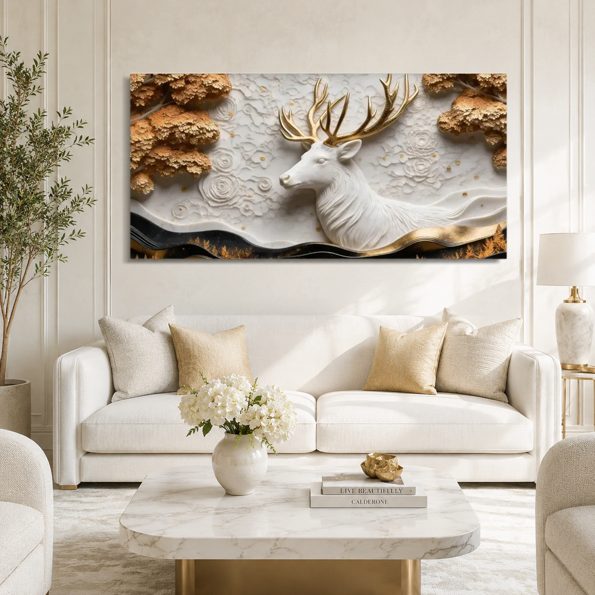 Luxury 3D Deer Wall Decor – Majestic White Deer & Golden Antlers Artwork for Home