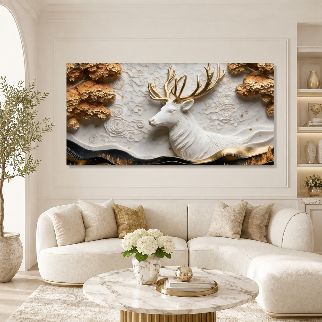 Luxury 3D Deer Wall Decor – Majestic White Deer & Golden Antlers Artwork for Home