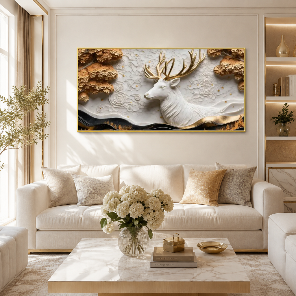 Luxury 3D Deer Wall Decor – Majestic White Deer & Golden Antlers Artwork for Home