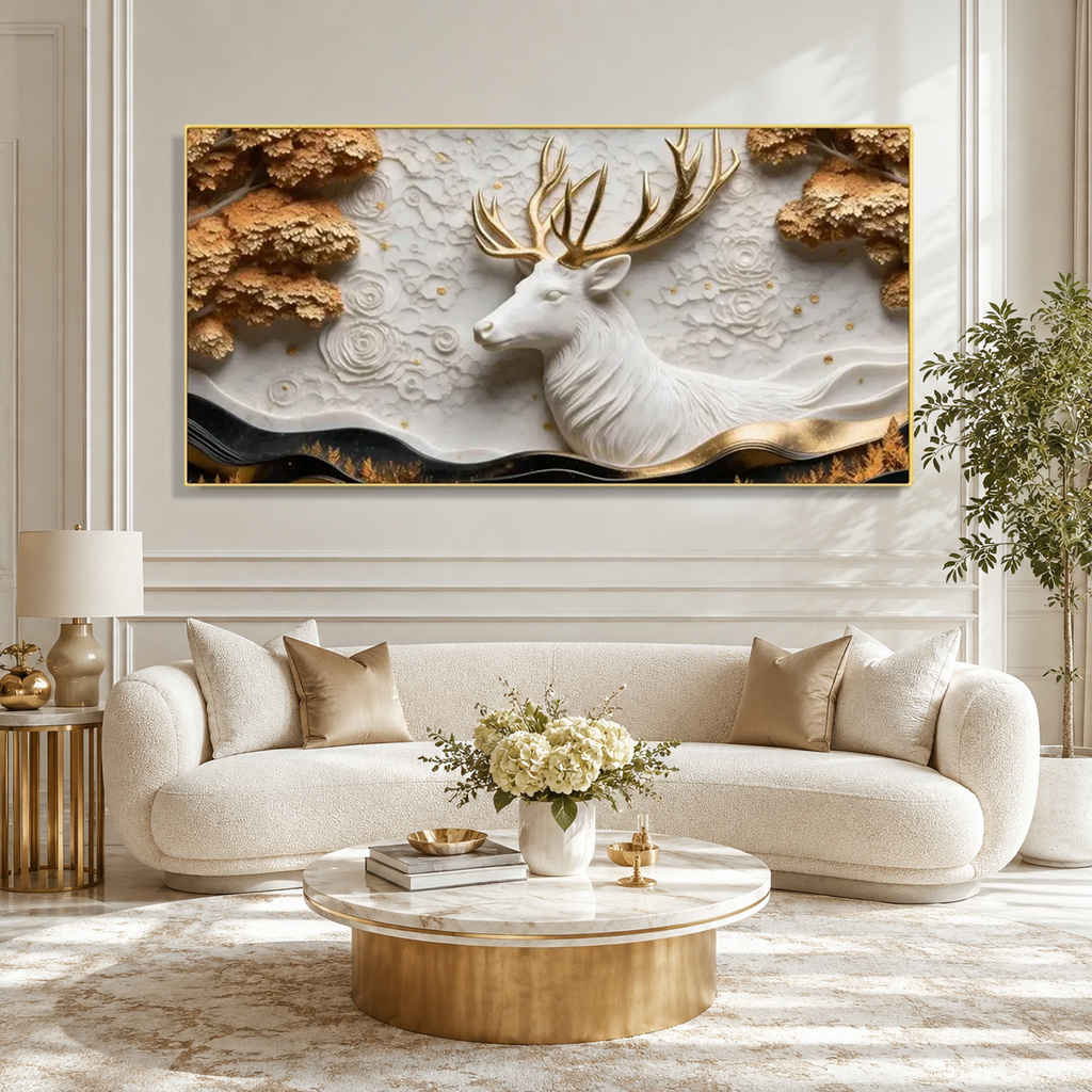 Luxury 3D Deer Wall Decor – Majestic White Deer & Golden Antlers Artwork for Home