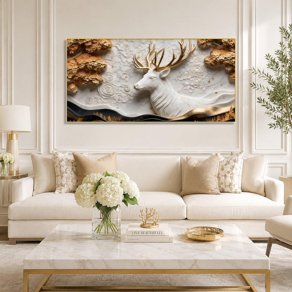Luxury 3D Deer Wall Decor – Majestic White Deer & Golden Antlers Artwork for Home