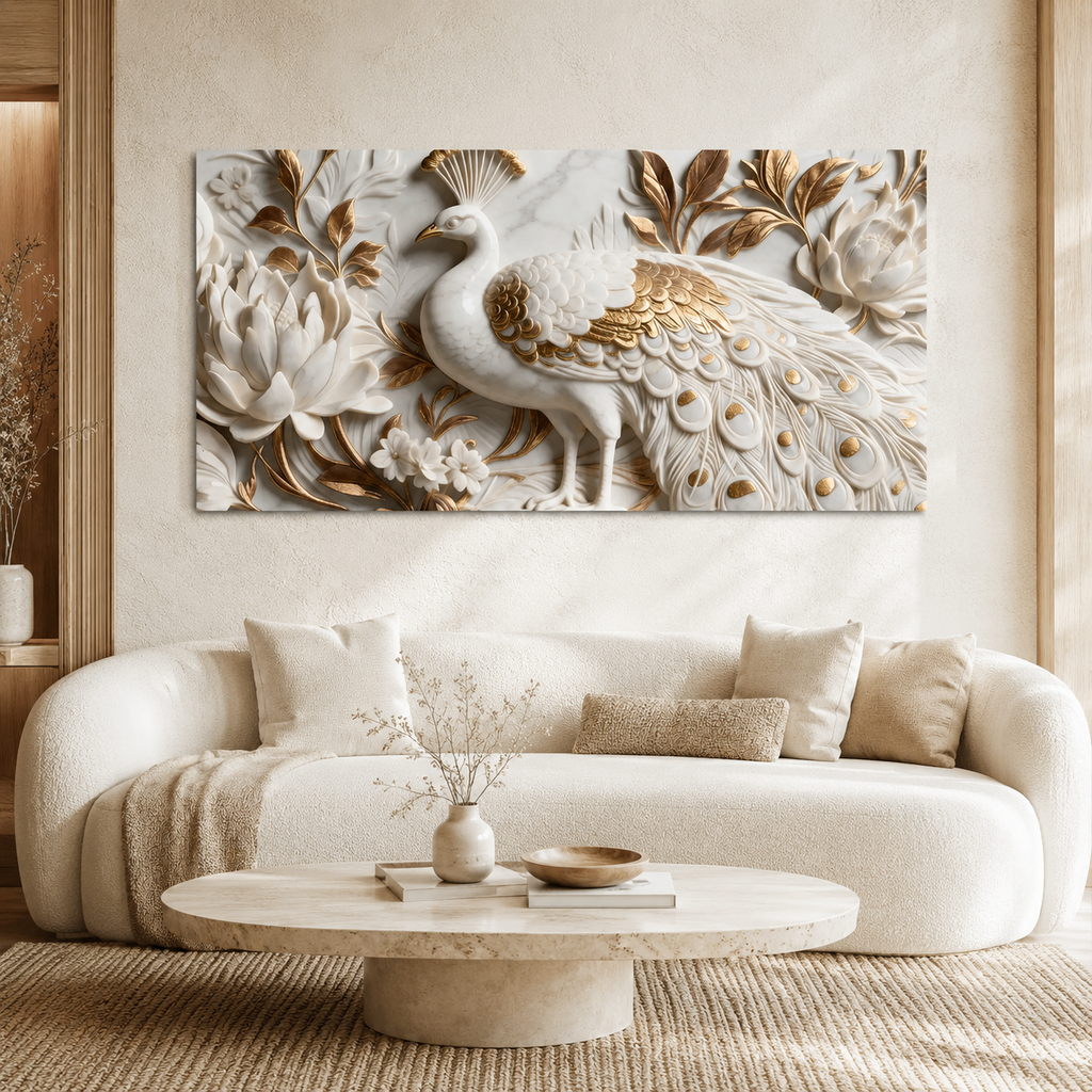 Elegant Peacock 3D Canvas Painting with Lotus Flowers for Living Room Decor