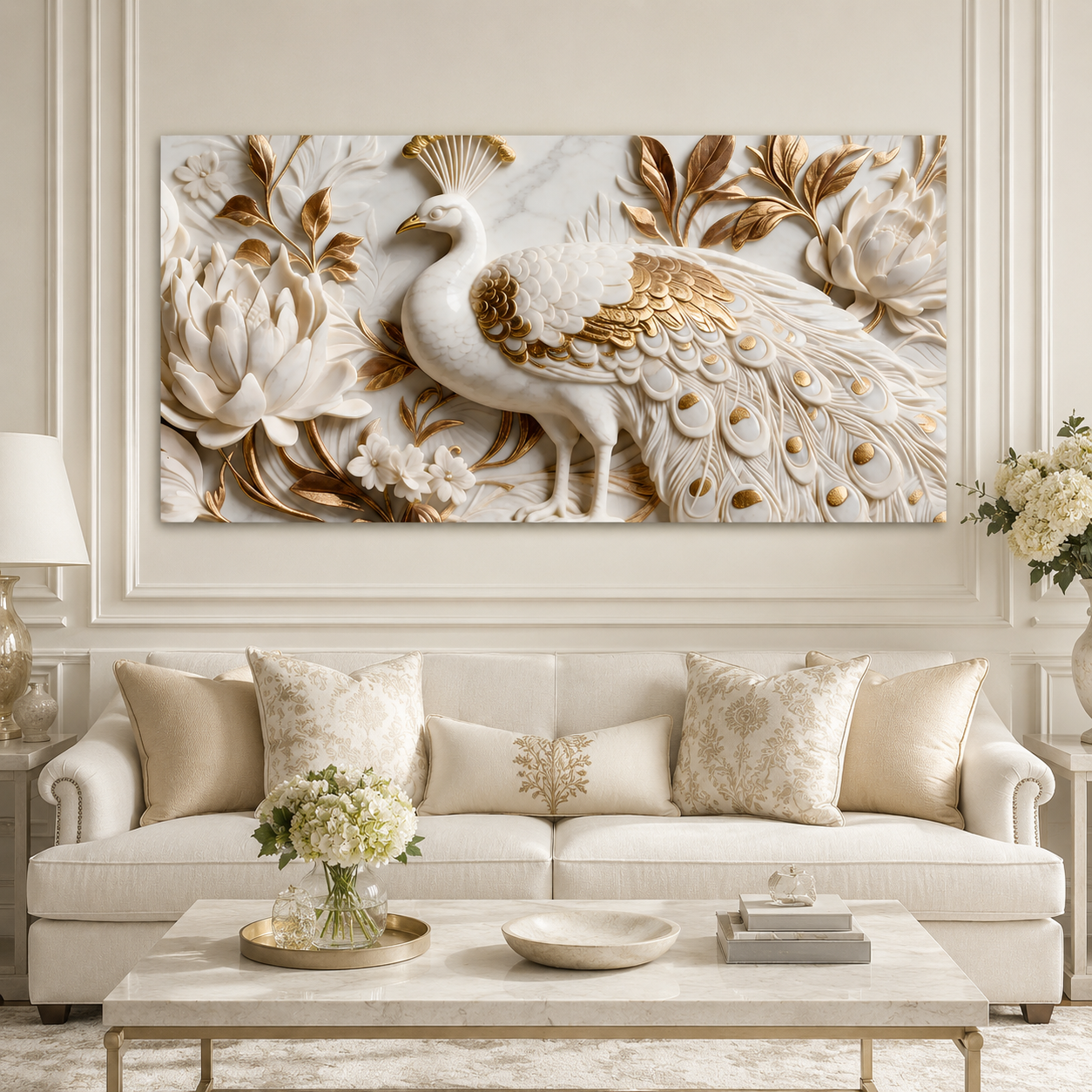 Elegant Peacock 3D Canvas Painting with Lotus Flowers for Living Room Decor