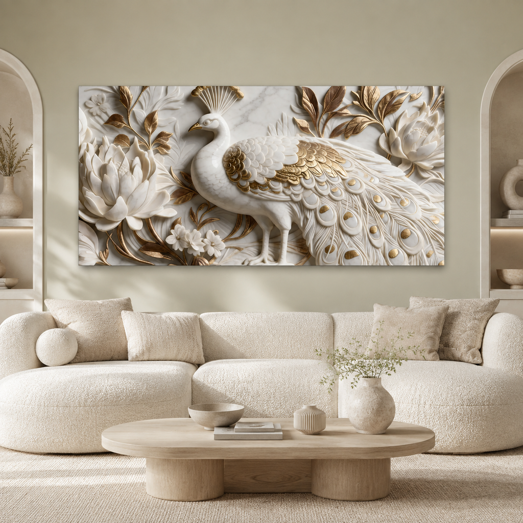 Elegant Peacock 3D Canvas Painting with Lotus Flowers for Living Room Decor