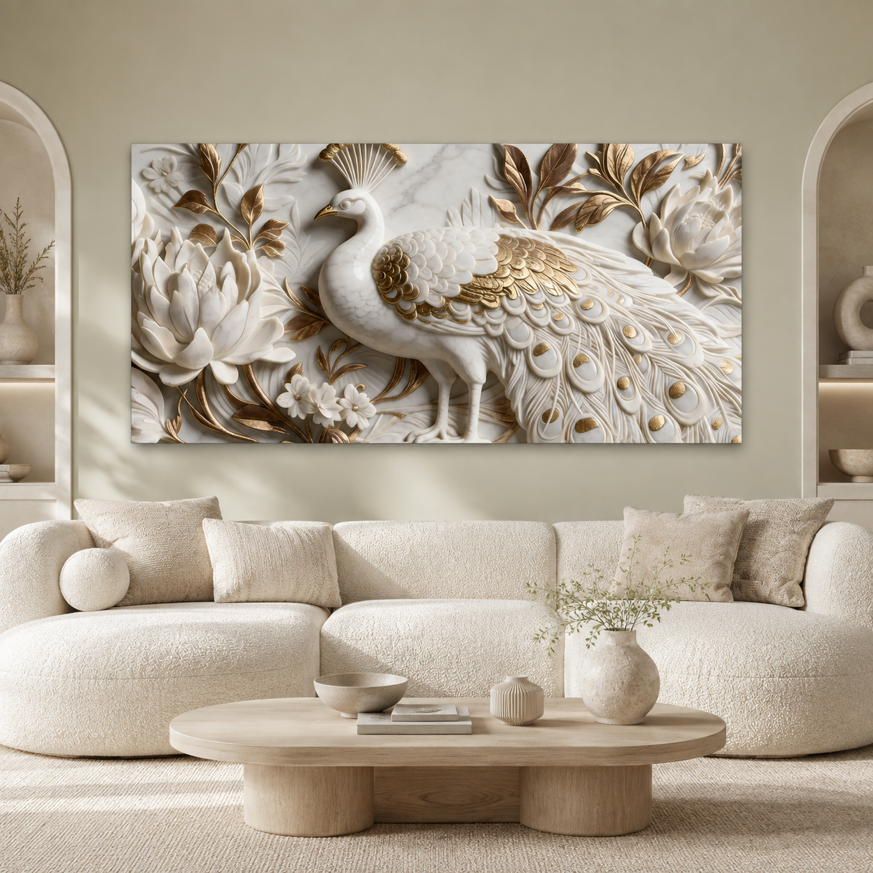 Elegant Peacock 3D Canvas Painting with Lotus Flowers for Living Room Decor